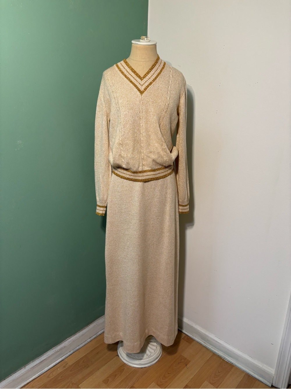 Vintage 1970’s Does 1920’s Metallic  Gold Knit Two-Piece Maxi Set